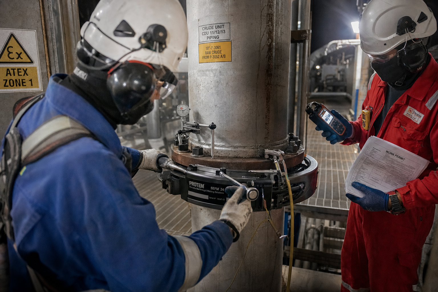 On-site flange facing equipment in industrial setting