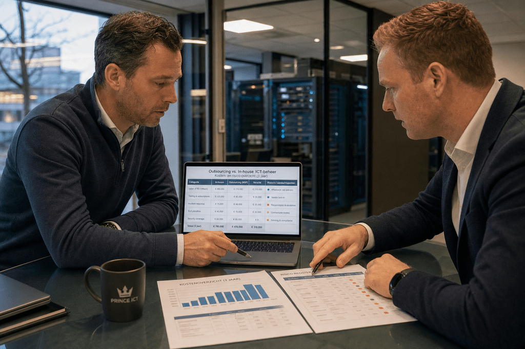 Wanneer is het verstandig om ICT-beheer uit te besteden in plaats van een interne IT-afdeling op te bouwen, en welke kosten- en risicofactoren spelen daarbij de grootste rol?