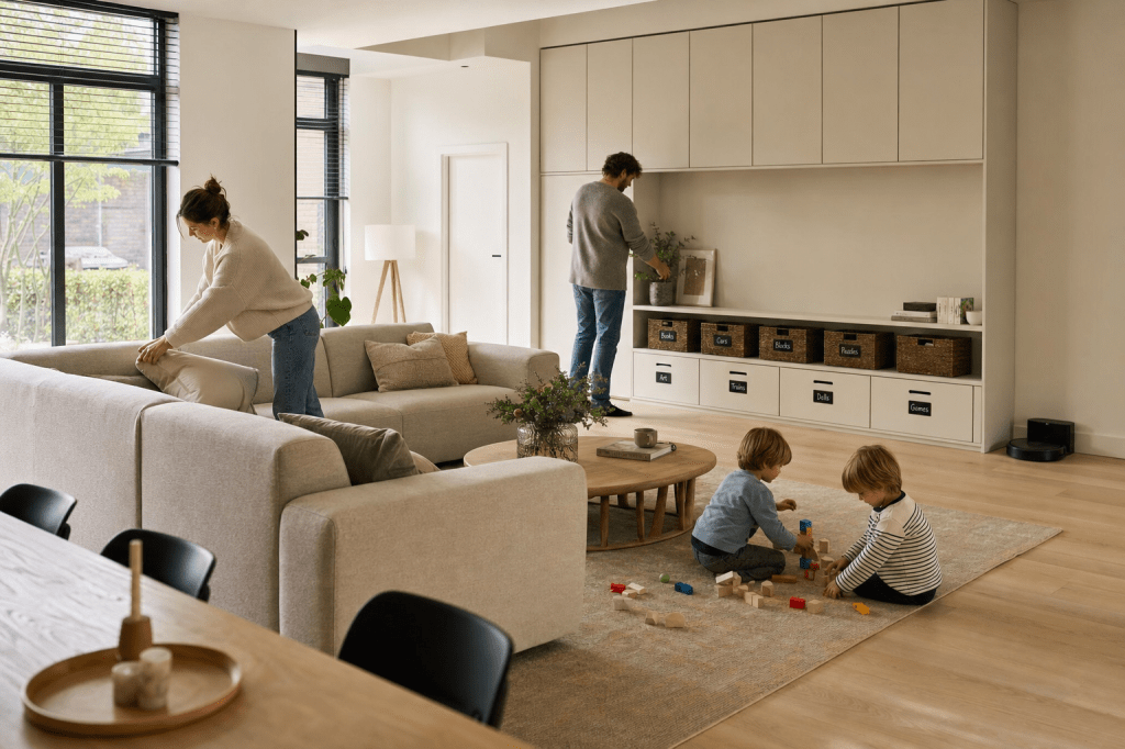 Hoe pak je een interieurontwerp aan voor een gezin met kinderen, zodat het zowel stijlvol als praktisch en makkelijk schoon te houden is?