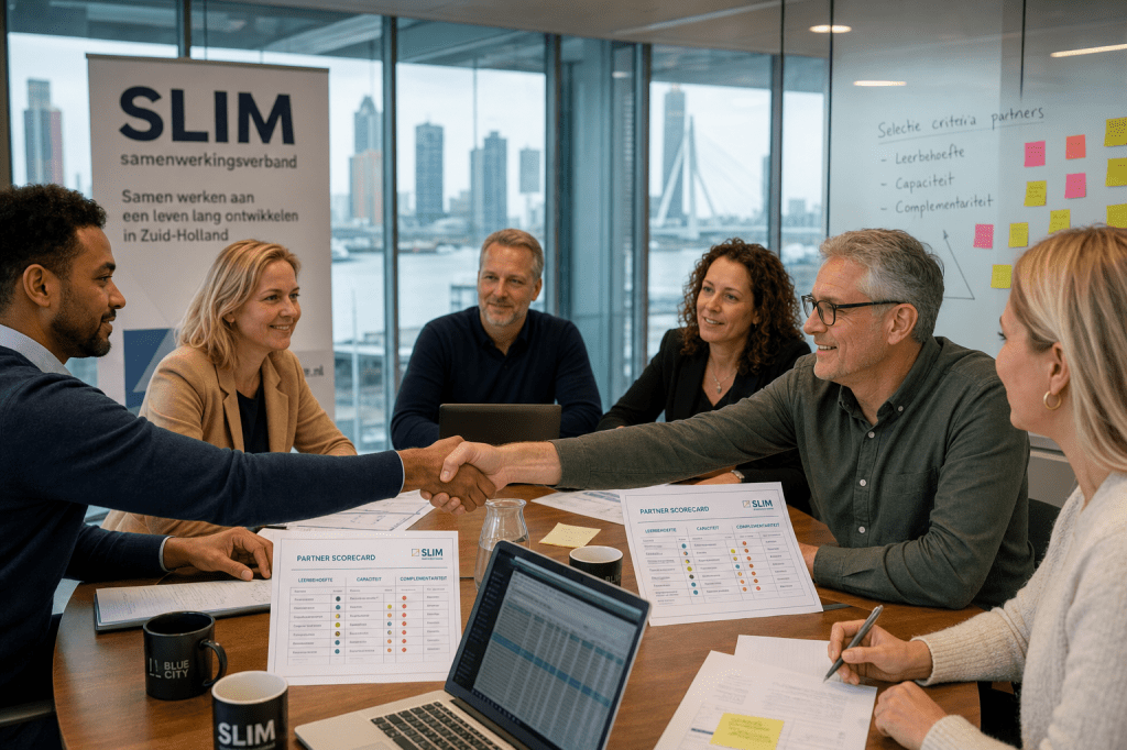 Hoe vind en selecteer je de juiste partners voor een SLIM samenwerkingsverband, en welke selectiecriteria (sector, leerbehoefte, capaciteit, complementariteit) zorgen voor de beste projectresultaten?