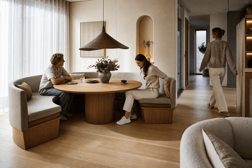 Hoe combineer je een ronde eetkamerbank met een ronde eettafel zodat iedereen comfortabel zit en je toch genoeg loopruimte rondom&nbsp;houdt?